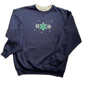 Grandma Sweatshirt Women's Large Blue Crewneck Pullover with Blingy Snowflakes